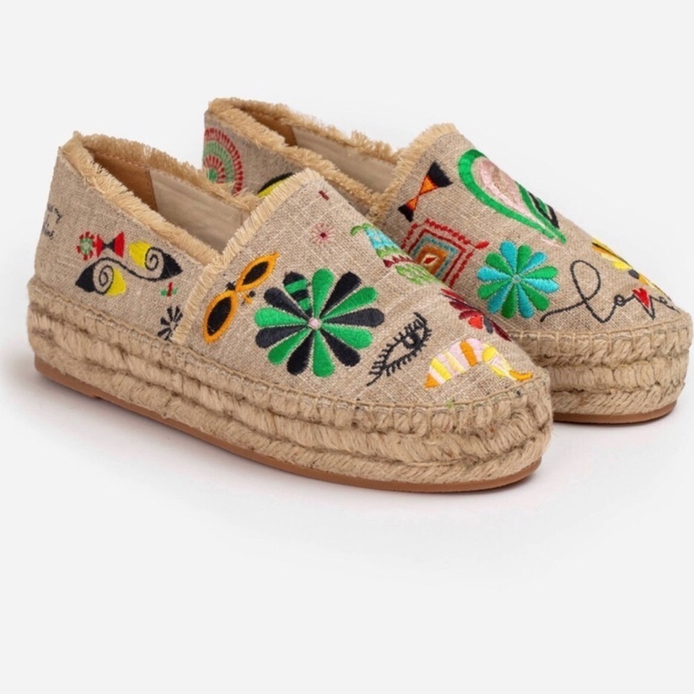Johnny Was Parker Embroidered Espadrille Flats Linen Slip On Shoes Size 6